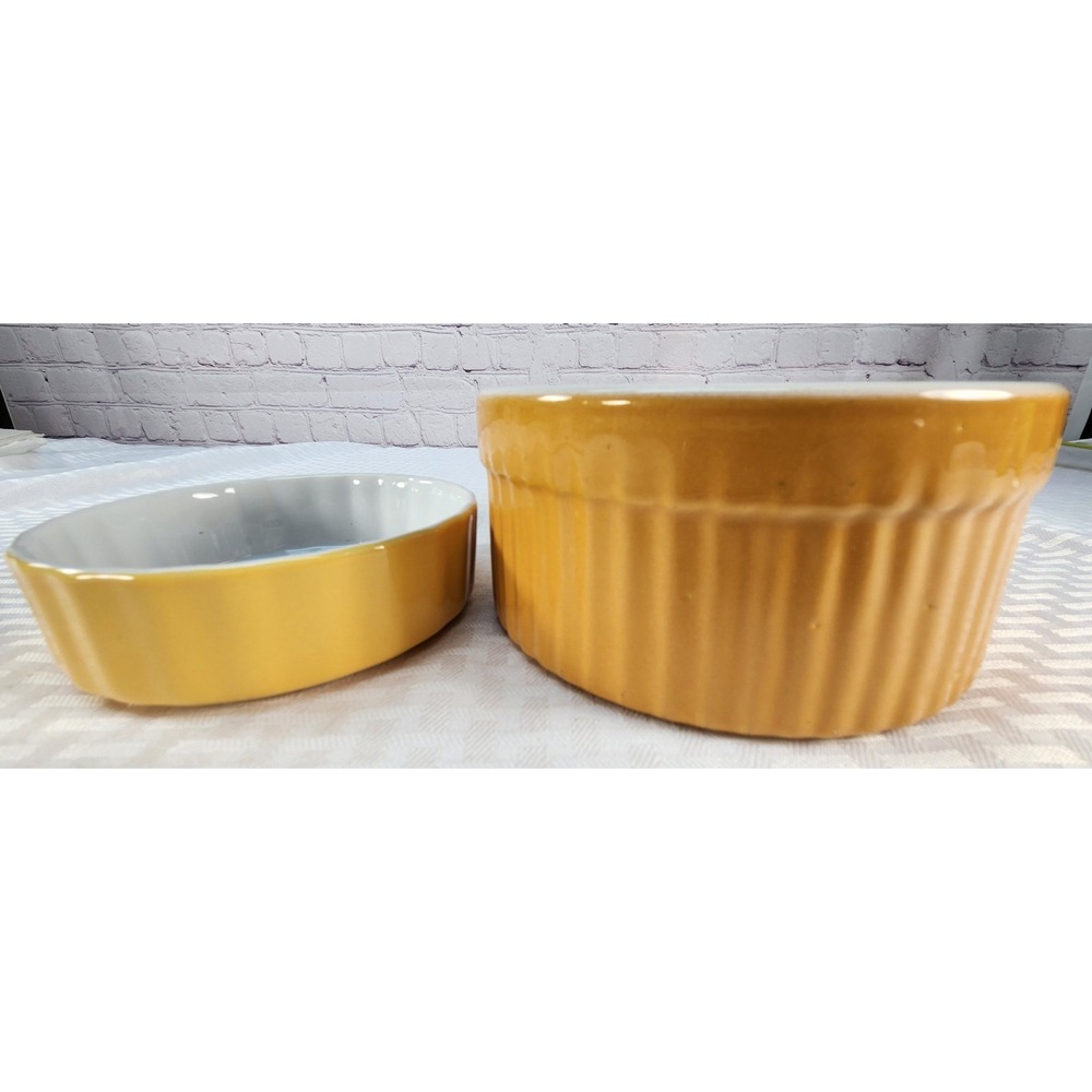 Vintage France Emile Henry Mustard Colored Ribbed Crock Baking Dish &  Ramekin H